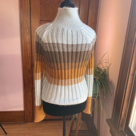 Y2K Striped Ribbed Turtleneck Sweater Small Retro Colorblock Cozy Thanksgiving - Picture 3 of 6